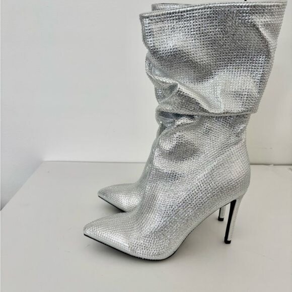 Mata Boots Y2K Silver Rhinestone Stiletto Heel Slouchy Festival Cyberpunk Disco